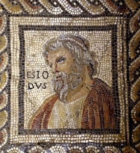 Monnus mosaic from the end of the 3rd century AD. The figure is identified by the name ESIODVS ('Hesiod').